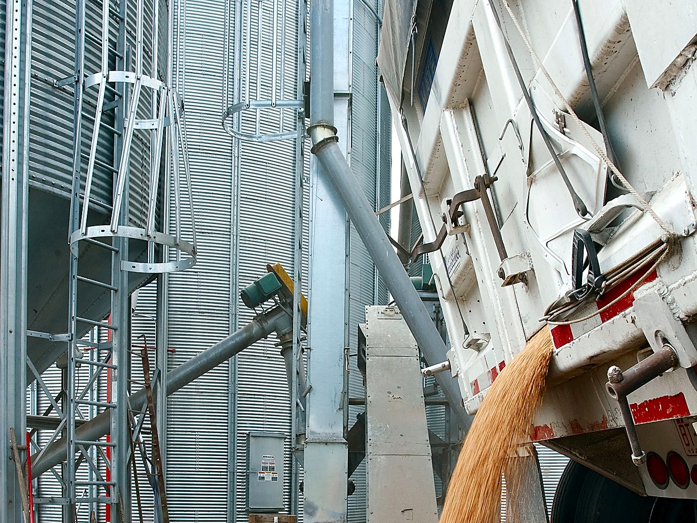 Truck dumping grain into a receiving pit at a grain storage facility